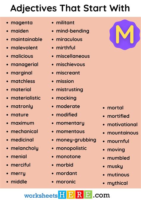 Adjectives That Start With M Vocabulary List PDF Worksheet For Students ...