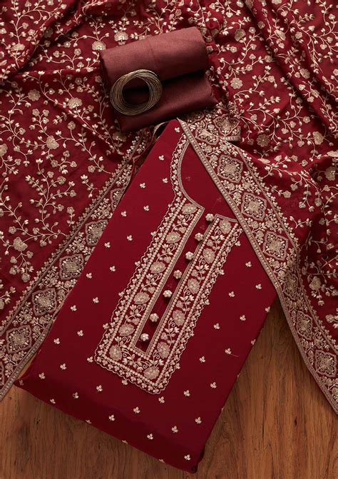 Buy Maroon Sequins Georgette Unstitched Salwar Suit - Koskii