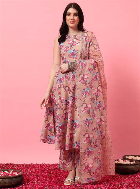 Peach Floral Halter Neck A-Line Kurta Set – Mahukaa