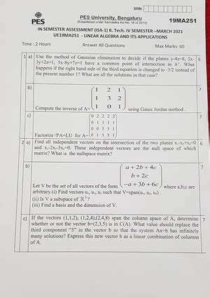 Question Paper PYQ - Linear Algebra - Studocu