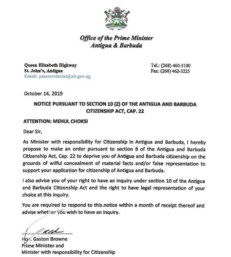 Antigua & Barbuda PM Gaston Browne's notice to Mehul Choksi of ...