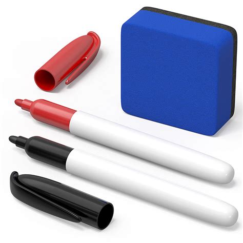 Dry Erase Eraser & Markers (Red & Black) - Non Magnetic Small White ...