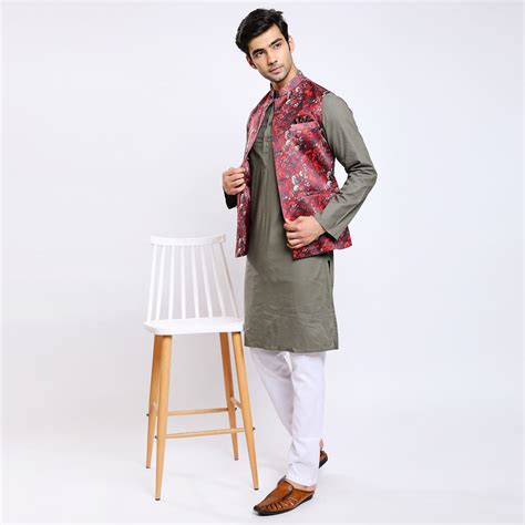 Awadhshree Satin Printed Nehru Jacket Red – Mentoos