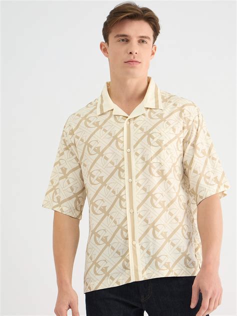 Shop Gant Men Beige Regular Fit Printed Collar Neck Shirt Online ...