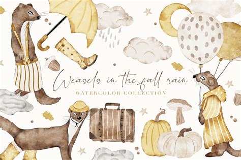 Weasels in the Rain Watercolor Cute Set Graphic by patipaintsco ...
