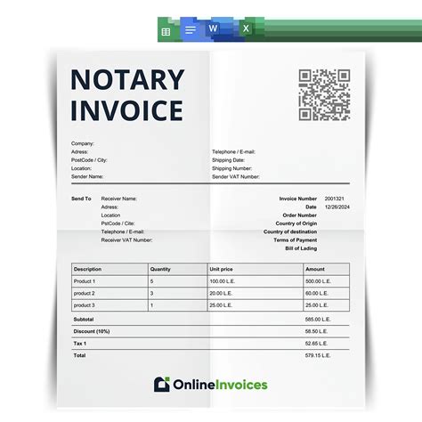 Notary Invoice Template Free Download word, excel, google docs and sheets