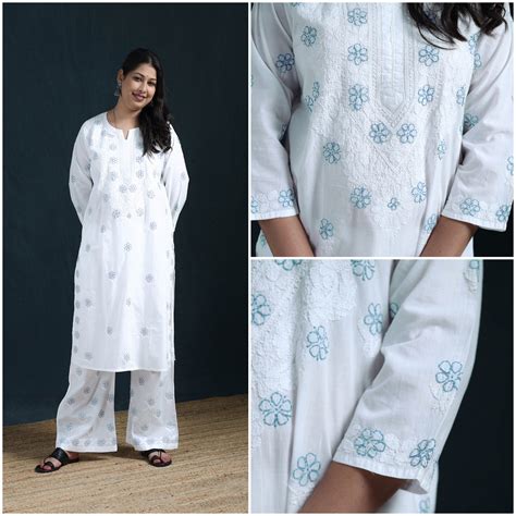 White Hand Embroidered Mul Cotton Chikankari Kurta with Palazzo Set for ...