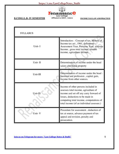 Income Tax Law and Practice Renaissance Law College Notes - B.COM.LL ...
