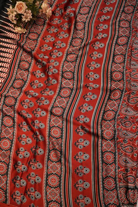 Satin Silk Saree with Ajrakh Print & Tassels (With Blouse) – Odhani By SRN