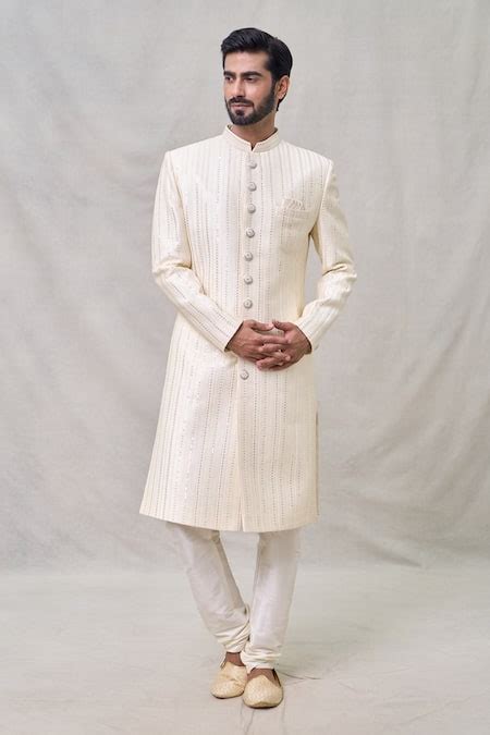 Buy Cream Sherwani Art Silk Embroidery Sequin Stripe Set For Men by ...