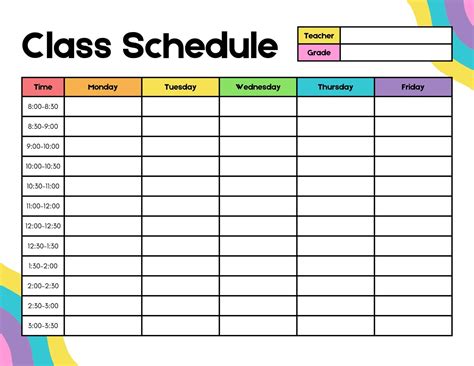 Printable Class Schedule Template For School College Students Class