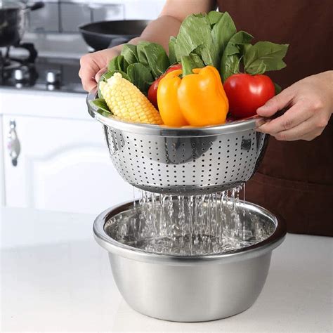 Stainless Steel Grater Basin 3 In 1 Colanders Strainer and Drain Salad Bowl