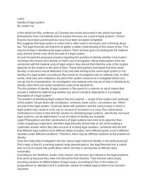 Legal Systems: Identity Challenges Explored in Raz's Analysis - Studocu