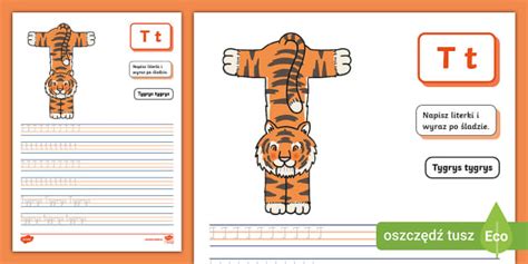 Alfabet | Pisanie po śladzie | T t | Tygrys (teacher made)