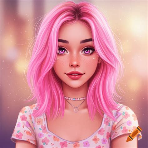 Illustration of a cute girl with pink hair, freckles, and purple eyes ...