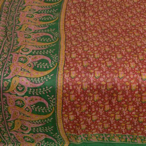 Sanskriti Vintage Sarees Indian Red/Green Printed Pure Silk Sari Craft