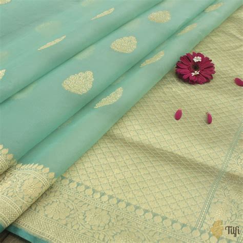 Aqua Green Pure Kora Silk Handloom Banarasi Saree - Tilfi