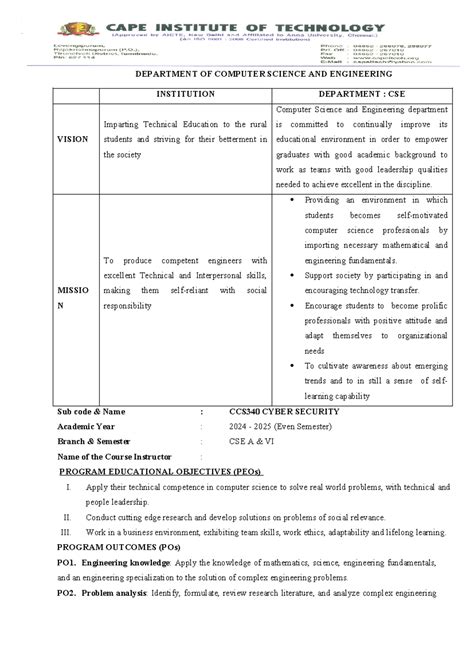 CCS340 Cyber Security Course Plan for CSE A & B, AI (2024-2025) - Studocu