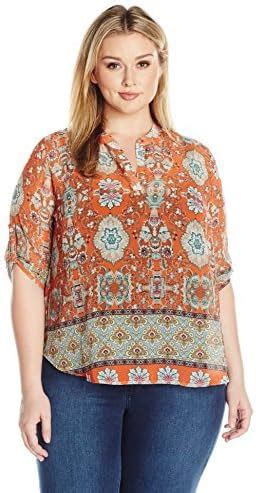 ONEWORLD Women's Plus Size 3/4 Sleeve Woven V-Neck Utility Popover Top ...