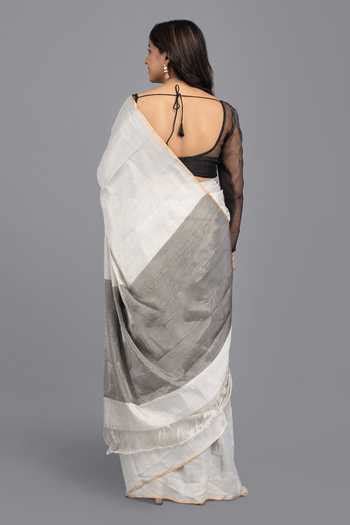 Buy Silver Chanderi Silk Contrast Hem Solid Saree With Unstitched ...