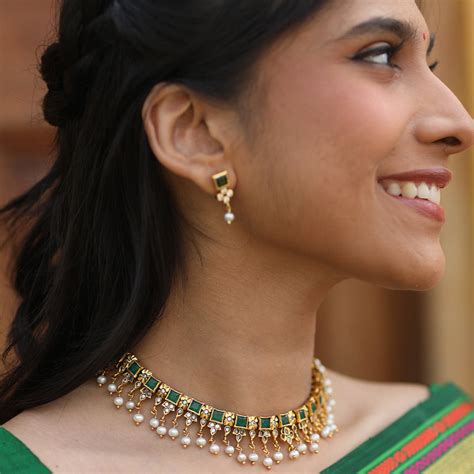 ELEGANT LOOK SHORT NECKLACE AND EARRING WITH PEARL HANGINGS ...