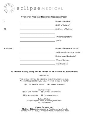 Fillable Online Transfer Medical Records Consent Form I (Name of ...