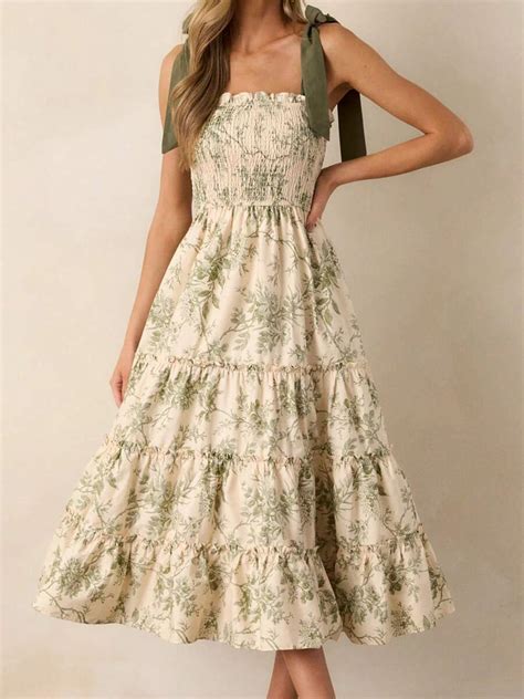 Women's Floral Dress Stylish Ruffled Trim Smocked Sleeveless Tie ...