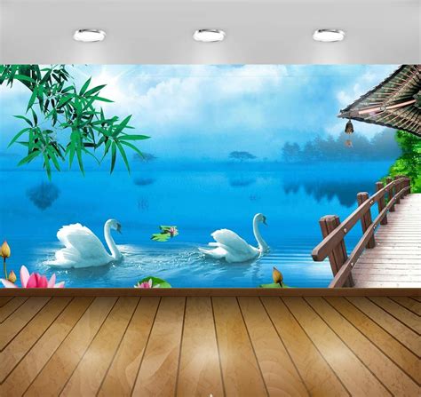 Buy Avikalp Vinyl 3D Swan Lake Full HD Scenery Wallpapers for Living ...