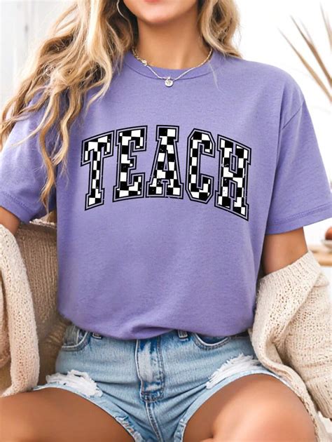 Retro Plaid Teacher T-Shirt, Round Neck Short Sleeve Casual Women Tops ...
