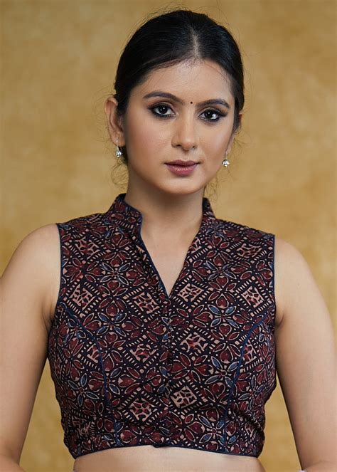 Standout Black Ajrakh Cotton Mandrain Collar Sleeveless Blouse – Sujatra