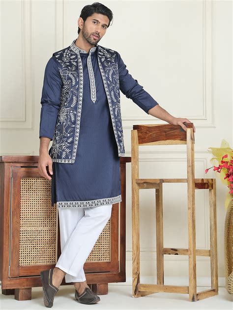 Embroidered Waistcoat & Solid Kurta Pyjama For Men – Jompers