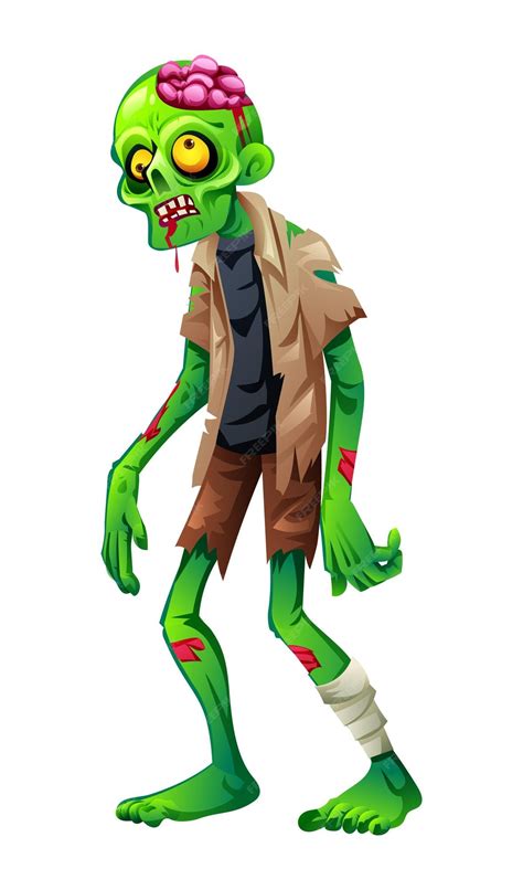 Zombie with exposed brain and tattered clothes Vector cartoon ...