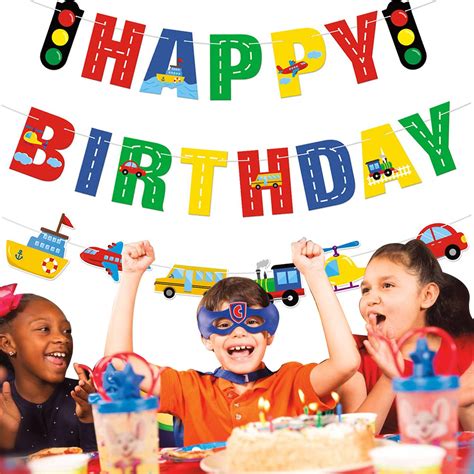 One Set Transportation Happy Birthday Banner and 18 Pcs Car Bus Train ...