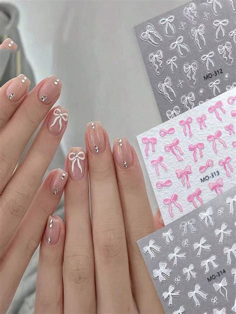 1pc Elegant 3D Nail Art Sticker, White Ribbon Bow Design Nail Decals ...