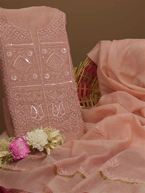 Ada Dusty Peach Chanderi Chikankari Kurta Dupatta Set – Ada Chikan
