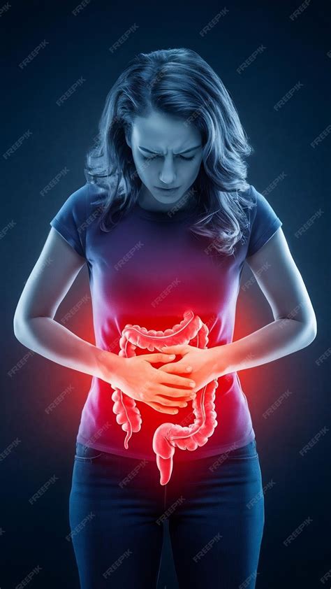 Premium Photo | Abdominal pain woman photo of large intestine on woman body stomachache diarrhea ...