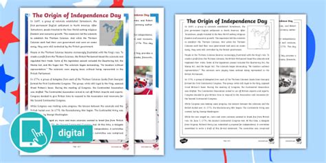 5th Grade Independence Day Reading Comprehension Worksheet