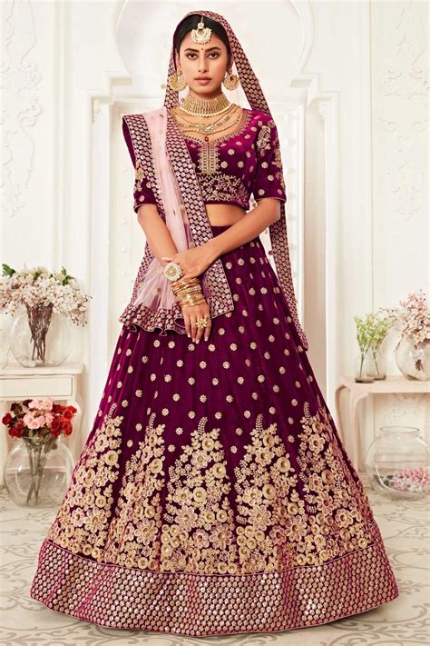 Buy Magenta Color Velvet Fabric Coveted Lehenga With Sequins Work