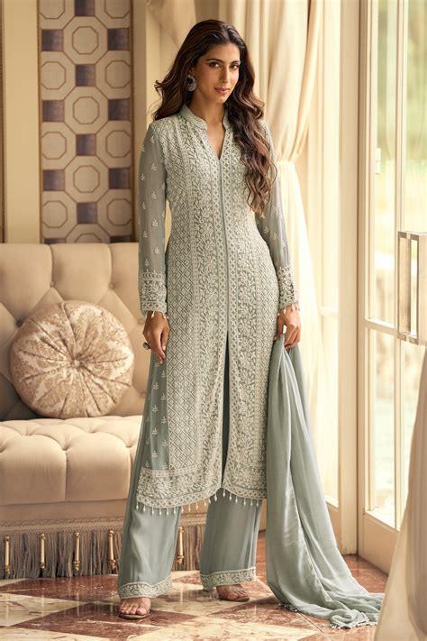 Shop for Grey Readymade Bead Work Georgette Suit Online | Saree Buta ...