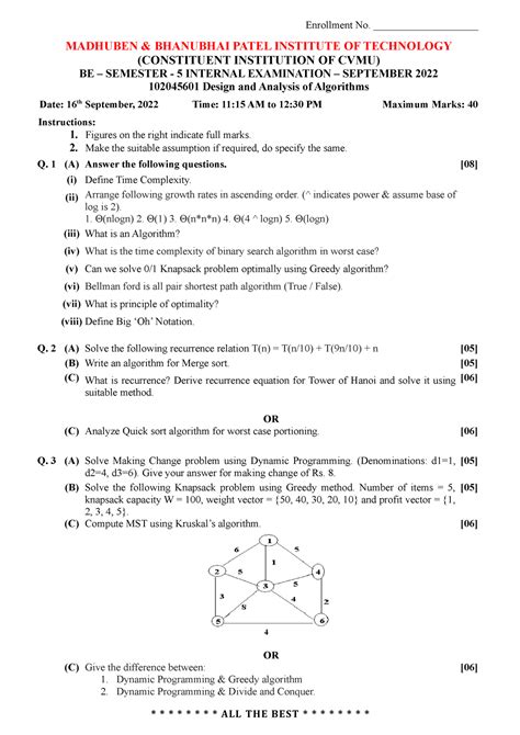 Paper 102045601 Design and Analysis of Algorithms 16-9 - Enrollment No