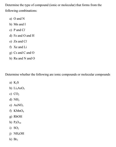 SOLVED: Determine the type of compound (ionic or molecular) that forms ...