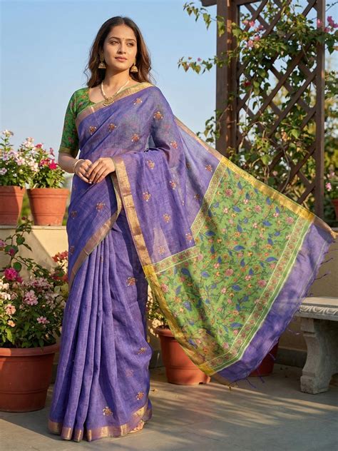 Elegant Purple Linen Saree with Floral Border and Zari Details