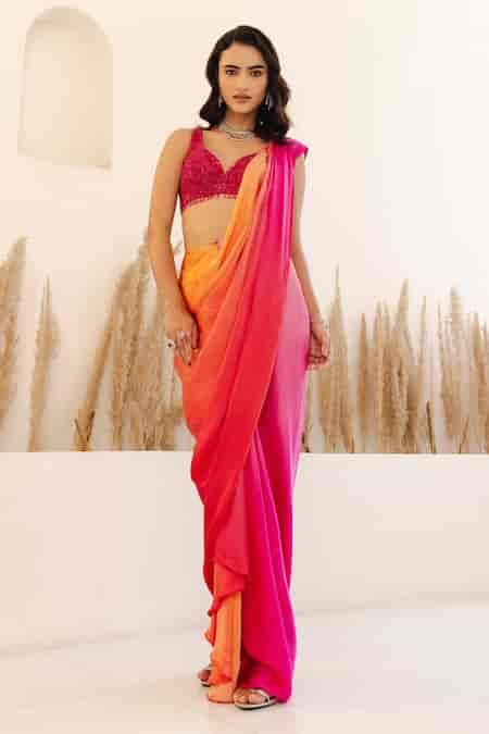 Buy Orange Satin Sequins, Mimosa Ombre Pre-draped Saree With ...