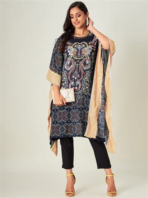 Buy Black Bandhani Embroidered Kaftan Kurta For Women | The Kaftan Company