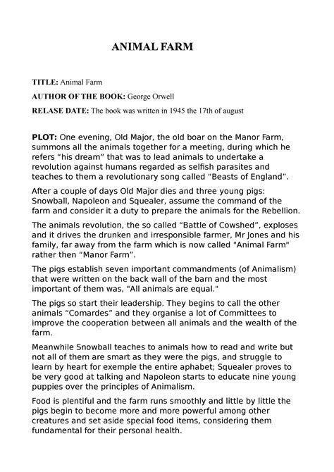 Summary of Animal Farm by George Orwell - ANIMAL FARM TITLE: Animal ...