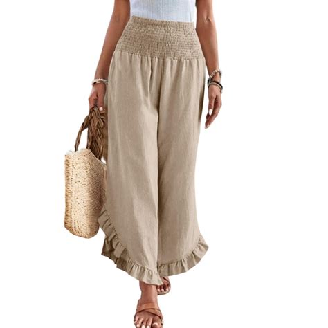 RPVATI Womens Linen Pants Petite Boho Casual Elastic Waist Flowy ...
