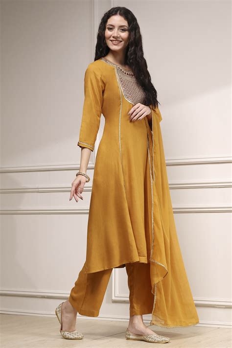 Buy Mustard Yellow Solid A-Line Suit Set Online at Biba India
