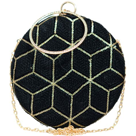 Black And Golden Sequin Embroidery Round Clutch - Artklim