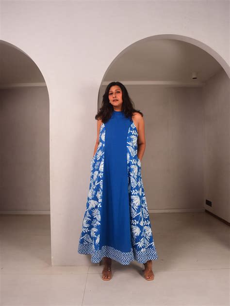 Blue Floral Printed Cotton Halter Tie-up Dress for Women | WhySoBlue