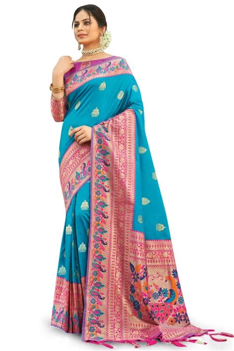 KARAGIRI Womens Paithani Silk Blue Saree With Blouse Piece : Amazon.in ...
